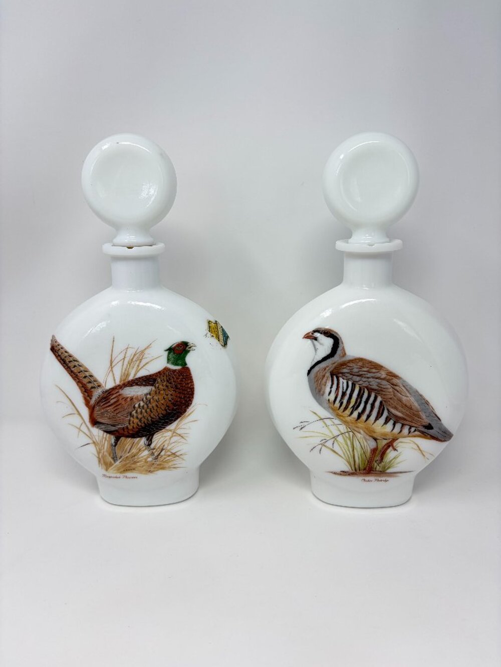 2 Dant Distillery Milk Glass Decanters Field Birds 1969 Pheasant & Partridge 1&2